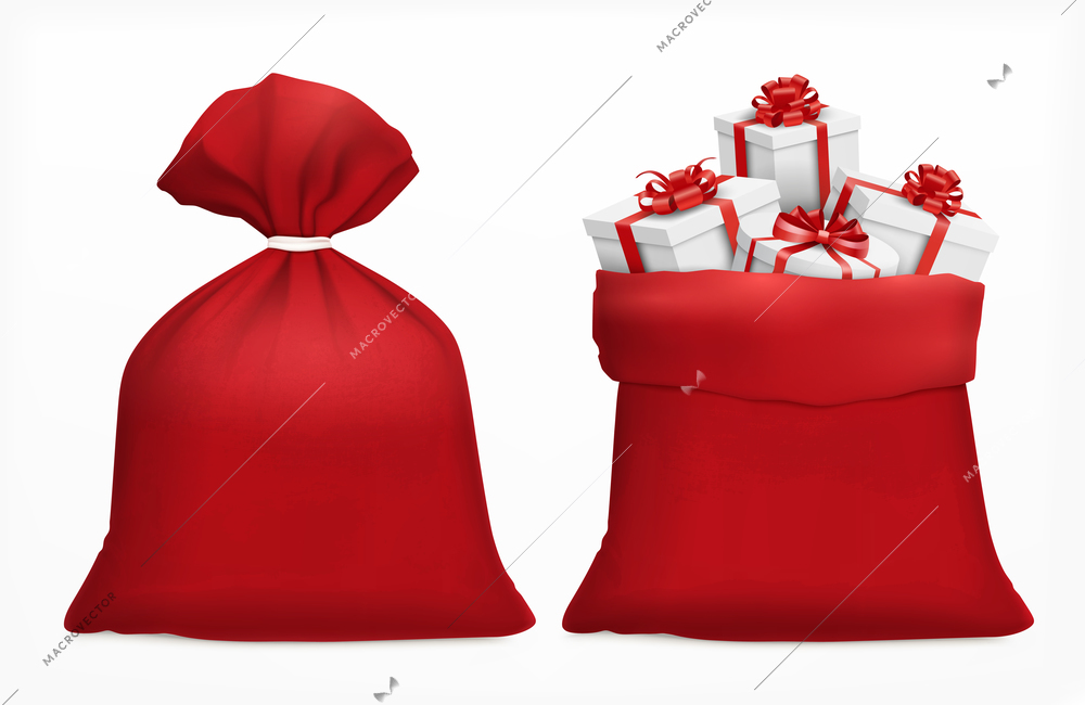 Red sack with christmas gifts realistic composition santa bags filled with gift boxes on blank background vector illustration