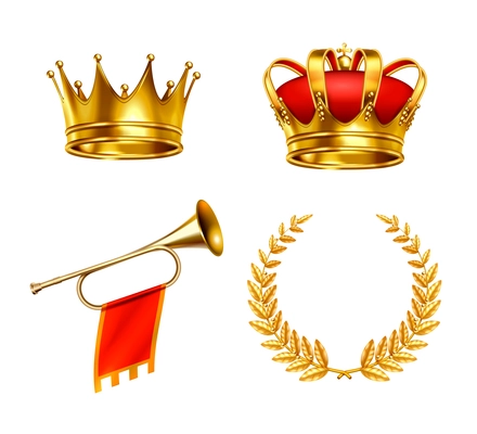 Two gold crowns king horn and laurel wreath realistic set isolated on white background vector illustration