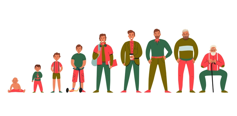 Colorful flat set of icons showing men from various generations isolated vector illustration