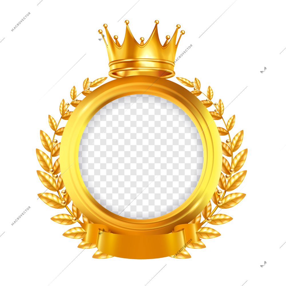 Gold round frame decorated by laurel wreath tape and crown realistic design concept on white background vector illustration