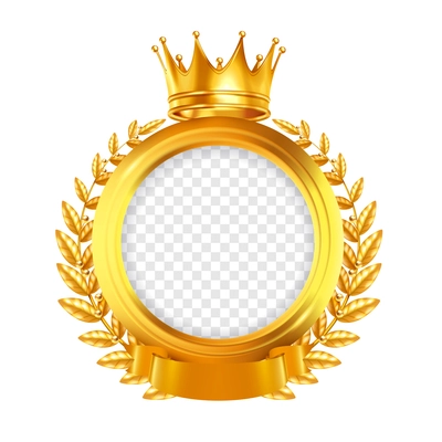 Gold round frame decorated by laurel wreath tape and crown realistic design concept on white background vector illustration