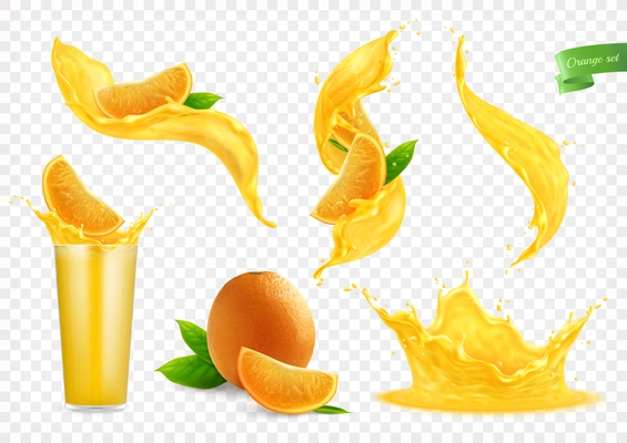 Orange juice splashes collection with isolated images of liquid flows drops whole fruit slices and glass vector illustration