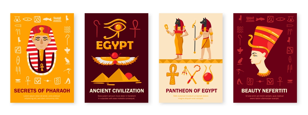 Ancient egypt civilization symbols culture 4 vertical banners set with pantheon pharaoh secrets nefertiti head vector illustration