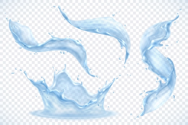 Water splashes realistic set with isolated images of semi translucent flows of pure liquid with drops vector illustration