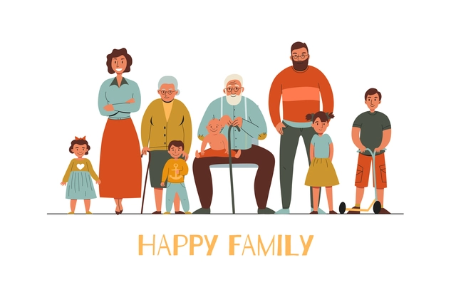 Happy family with different generations flat vector illustration