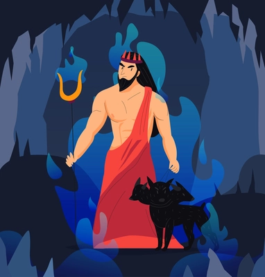 Greek god hades with cerberus in another world cartoon vector illustration