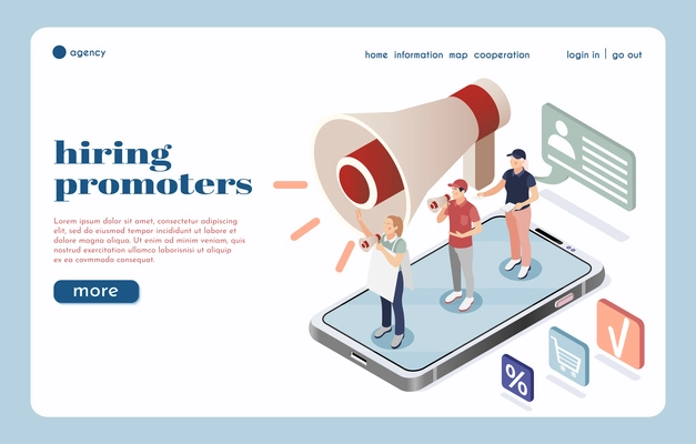 Hiring agency isometric landing page with big  loudspeaker icon and group of street promoters speaking into megaphones vector illustration