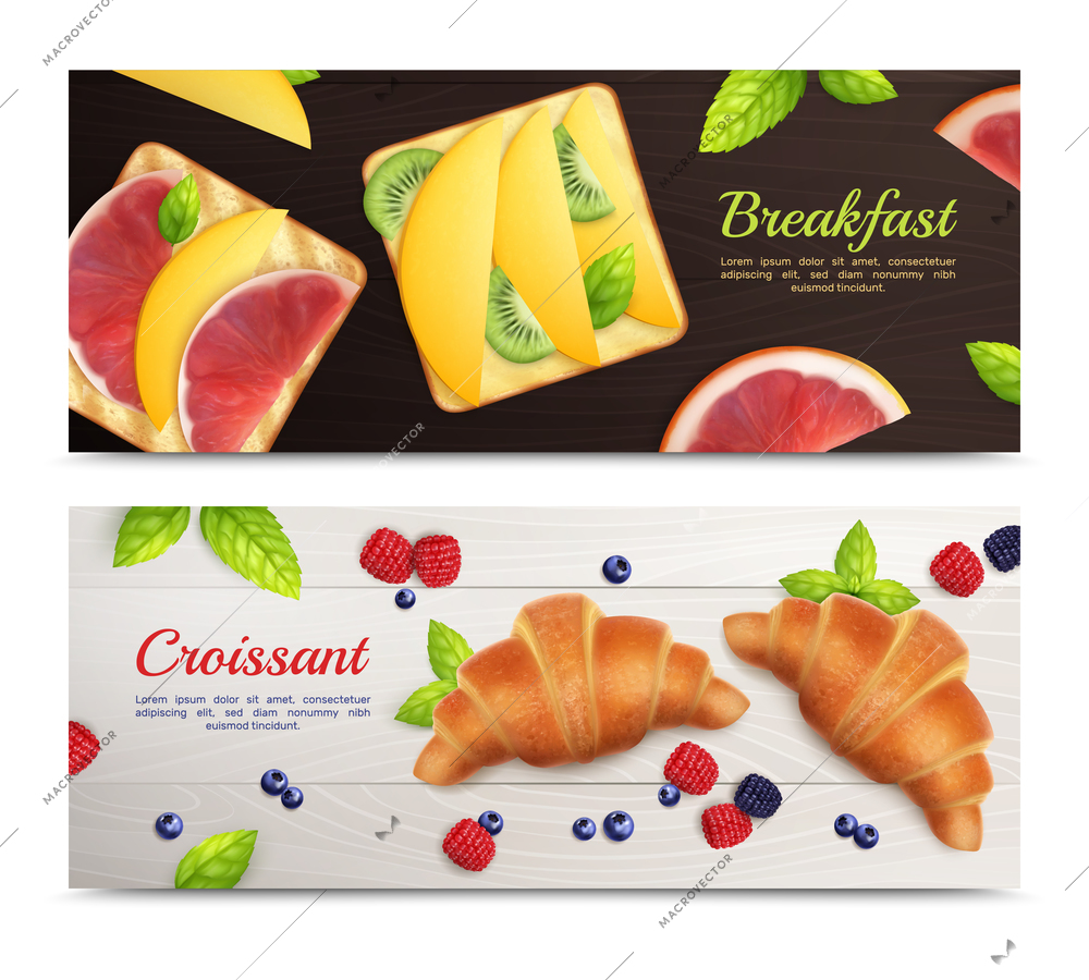 Bread realistic banners with editable text and top view images of croissants and fruit sandwiches cookies vector illustration