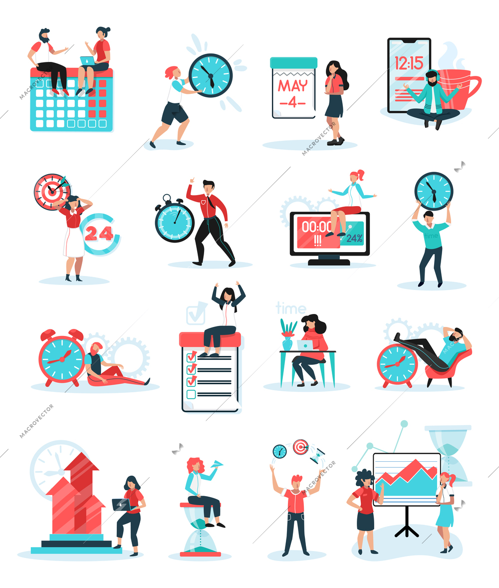 Effective corporate time management tips 16 flat icons set with teamwork cooperation goals priority planning vector illustration