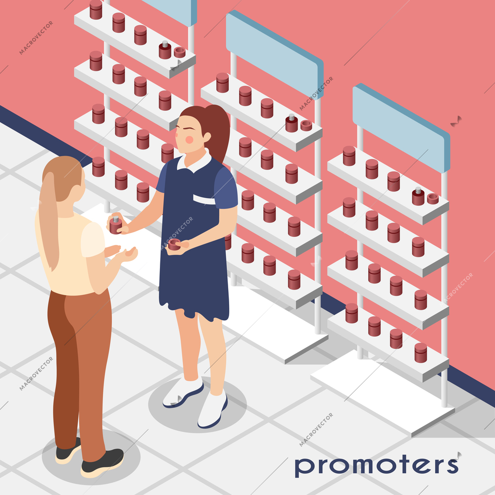 Promoters isometric background with seller of female perfumery shop demonstrating products to buyer vector illustration