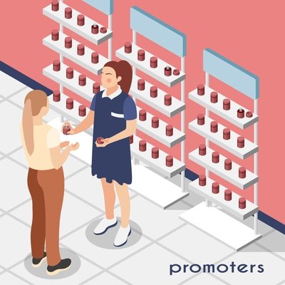 Promoters isometric background with seller of female perfumery shop demonstrating products to buyer vector illustration