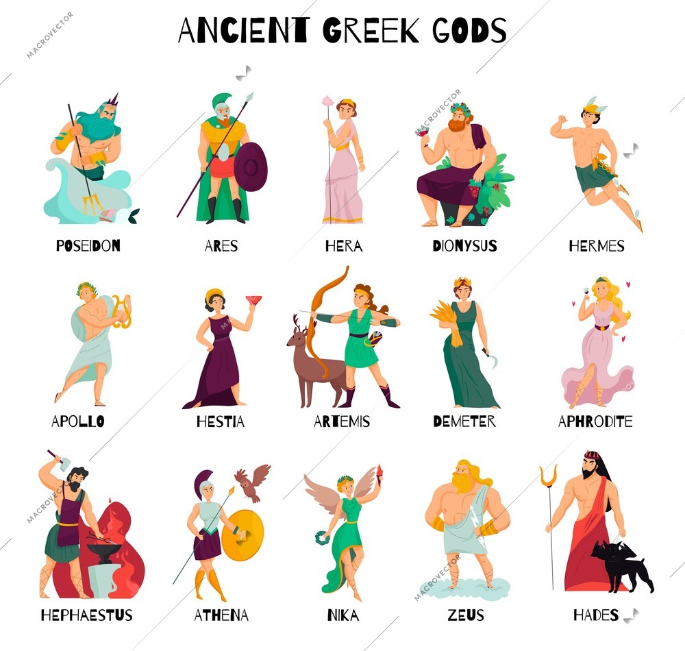 Colorful cartoon icons set with male and female ancient greek gods and their names isolated on white background vector illustration