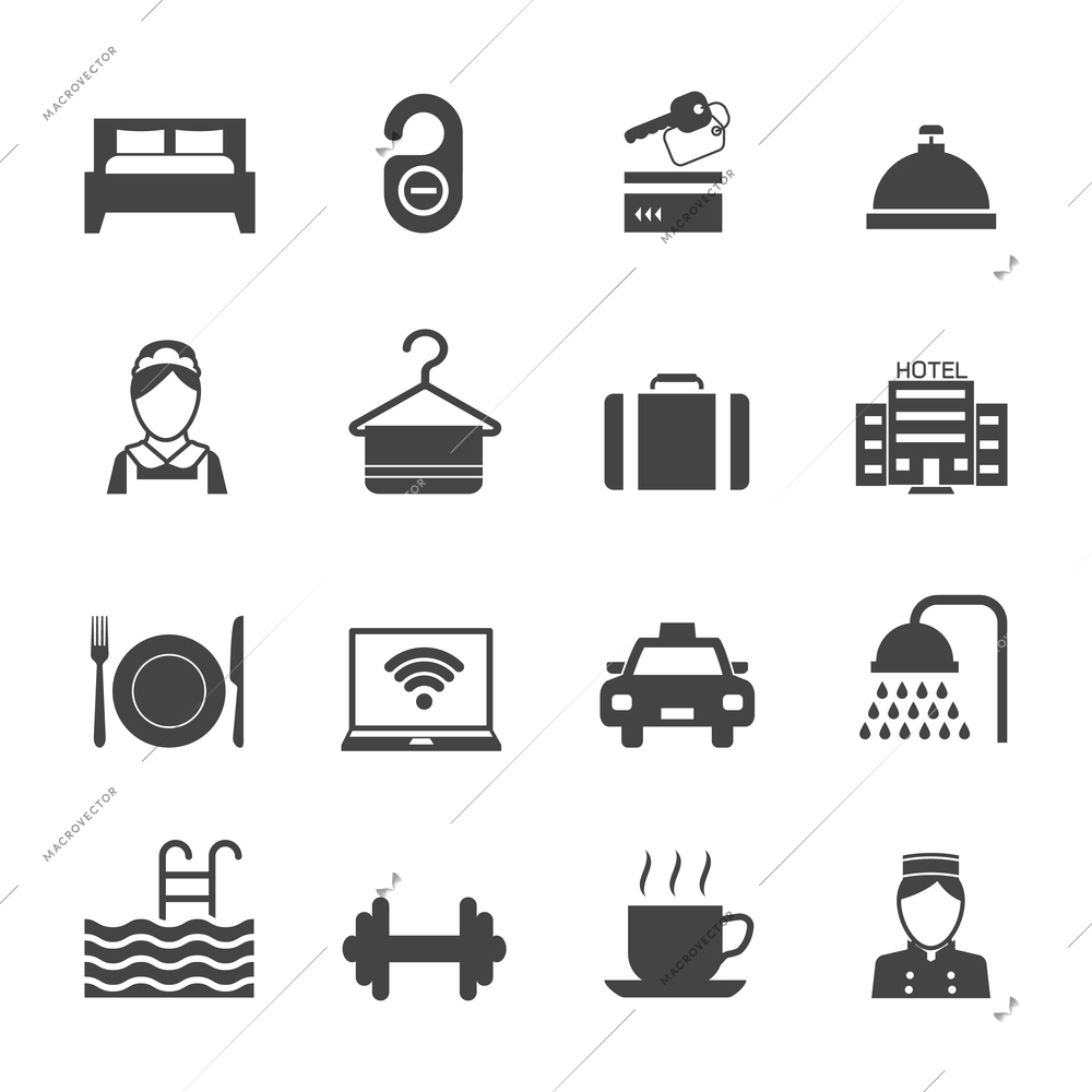 Hotel business accommodation elements black icons isolated vector illustration