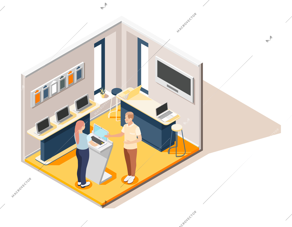 Promoter isometric composition  with seller consulting visitor in computer hardware store vector illustration