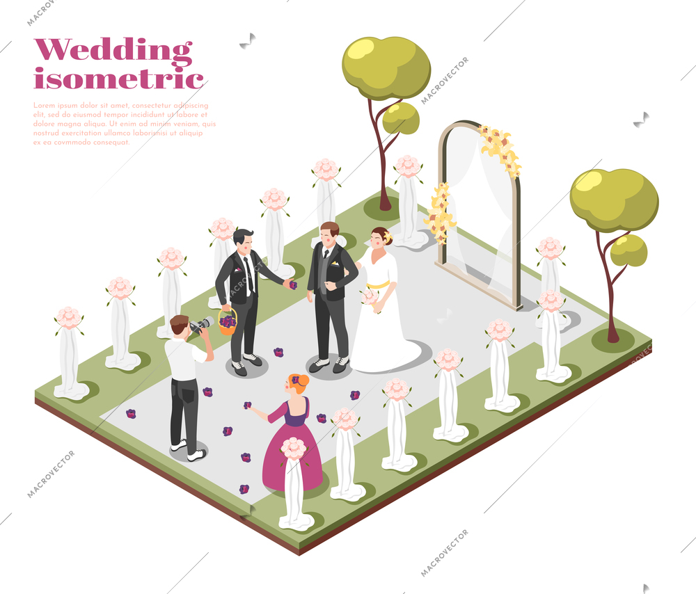 Marriage isometric composition with couple getting married on outdoor wedding ceremony vector illustration