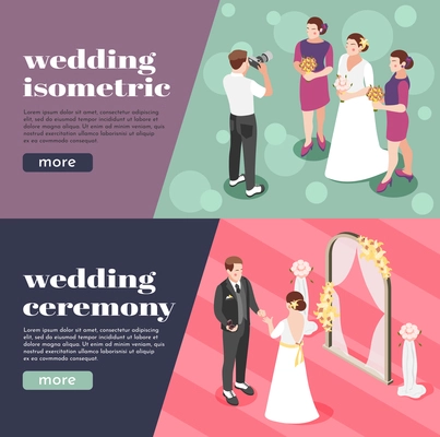 Wedding ceremony isometric banners with photographer taking pictures of bride and her girlfriends vector illustration