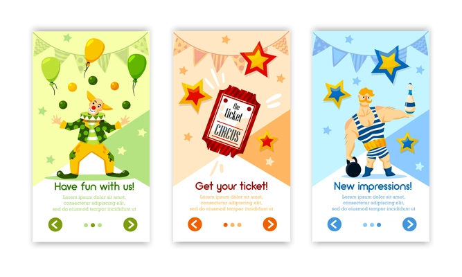 Classical retro circus performance tickets online 3 vertical advertising banners with balloons clown strongman isolated vector illustration