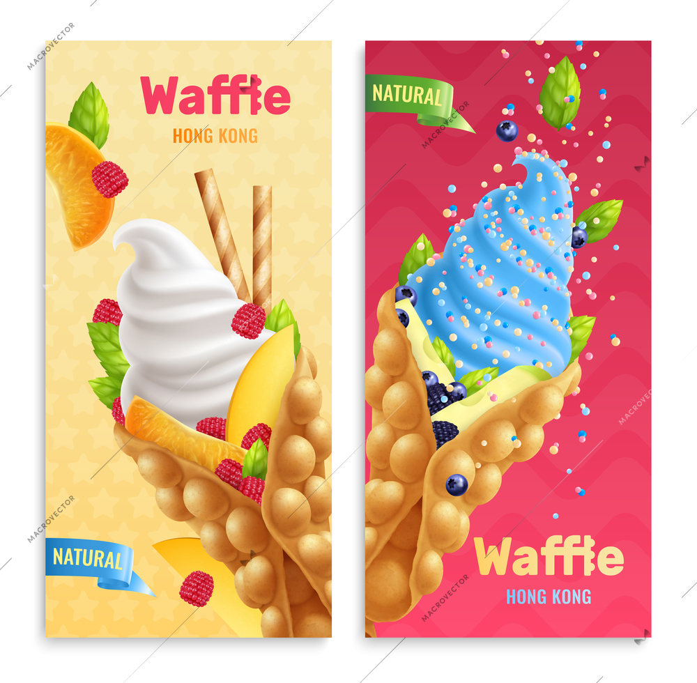 Bubble hong kong waffles realistic banners with editable text and images of confectionery products with fruits vector illustration