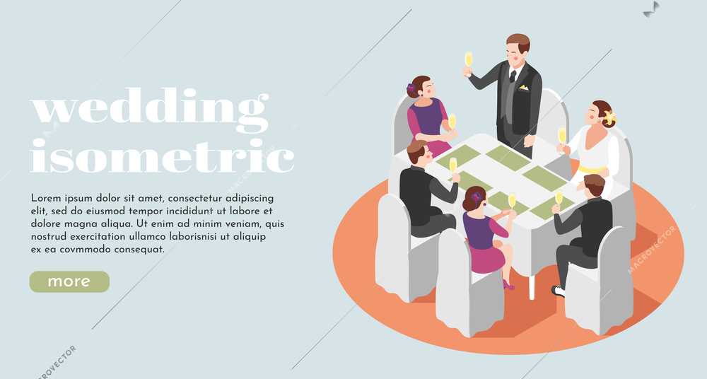 Wedding isometric background with just married honeymooners and their guests raising glasses of champagne at restaurant table vector illustration