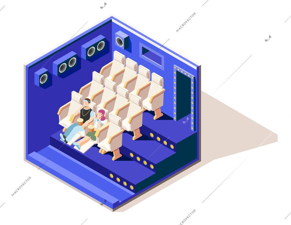 Different couples isometric composition with young boy and girl watching film in cinema and eating Popcorn vector illustration