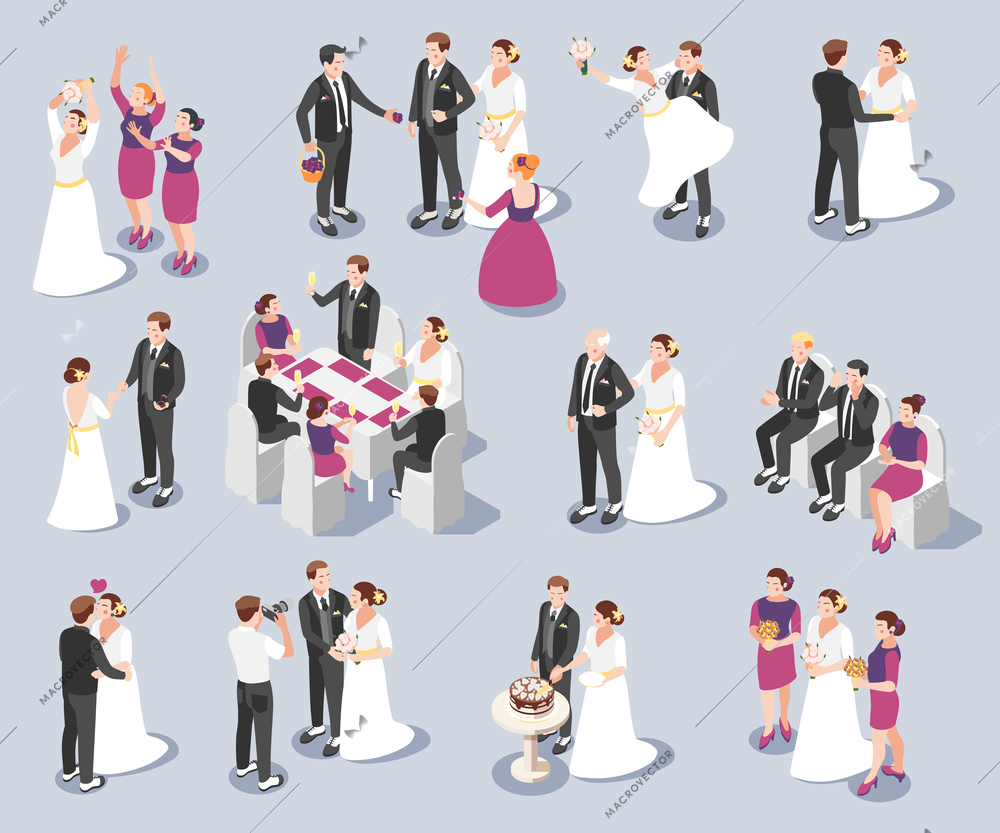 Wedding ceremony memorable moments isometric icons set with vows and rings exchange marriage pronouncement kiss vector illustration