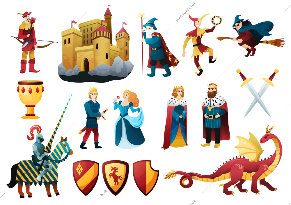 Medieval tale characters flat colorful set with castle fortress king queen dragon jester knight weapon vector illustration