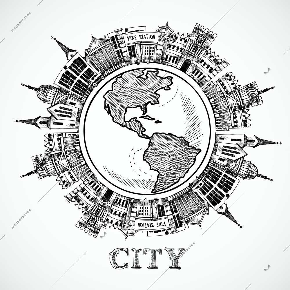 Travel concept in sketch style with government buildings around the globe vector illustration