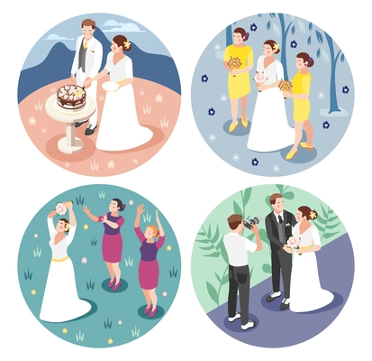 Wedding 2x2 design concept with bride and groom photographed cutting wedding cake throwing of wedding bouquet round icons isometric vector illustration