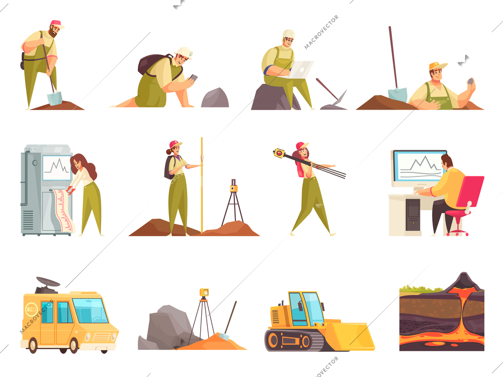 Geologist set of isolated flat doodle style icons and images with geology workers equipment and transport vector illustration