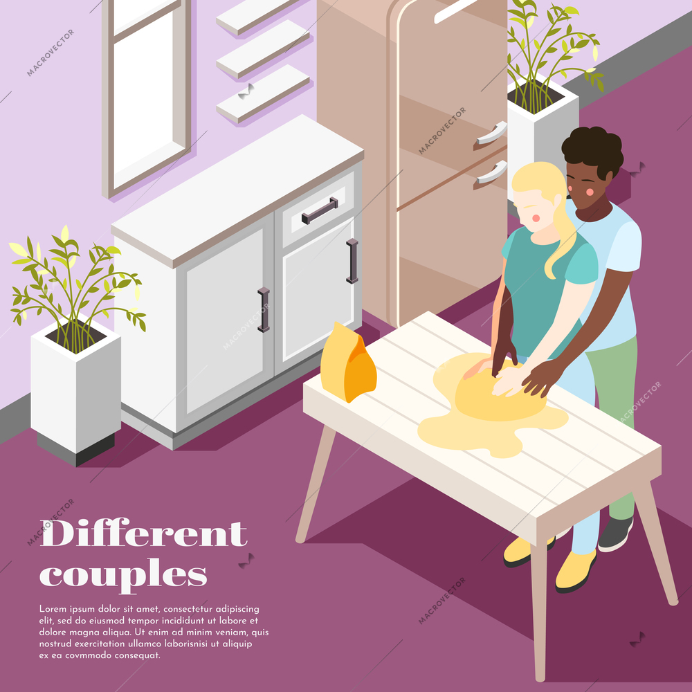 Different couples isometric poster with two characters of european and african appearance cooking together in home interior vector illustration