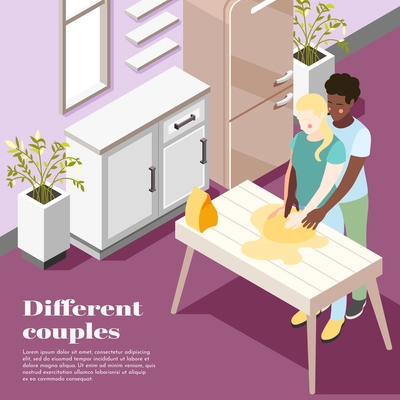 Different couples isometric poster with two characters of european and african appearance cooking together in home interior vector illustration