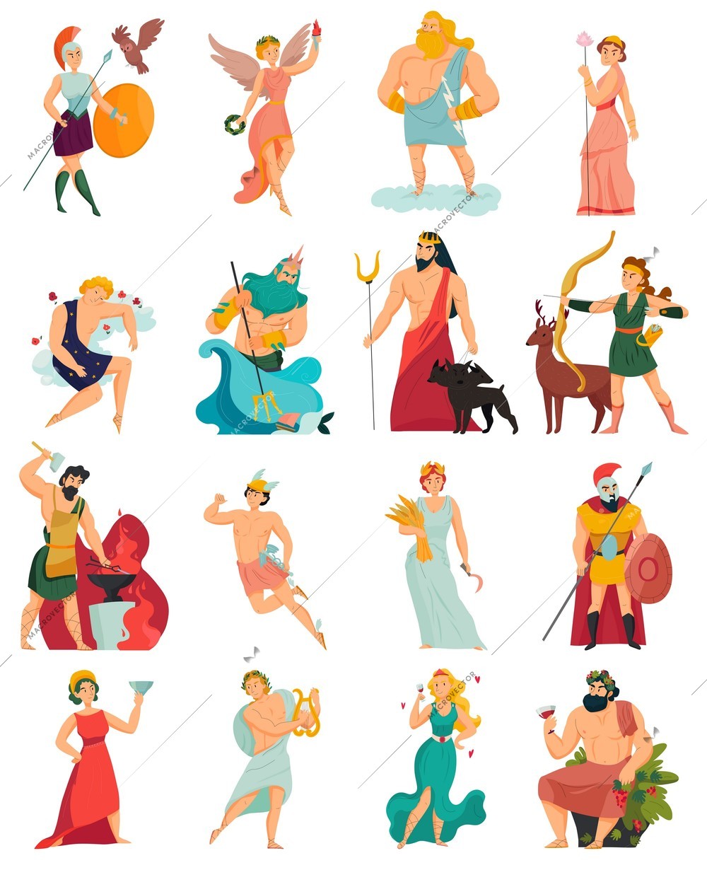 Greek gods cartoon icons set with zeus poseidon hera apollo aphrodite ares hades isolated on white background vector illustration