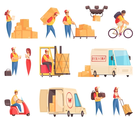 Delivery set with isolated icons of postal service workers and shipping transport equipment on blank background vector illustration