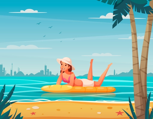 Water sports cartoon background with woman relaxing on air bed vector illustration