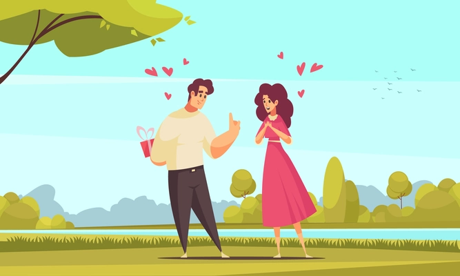 Gift present romantic love composition with outdoor park landscape and flat characters of couple with hearts vector illustration