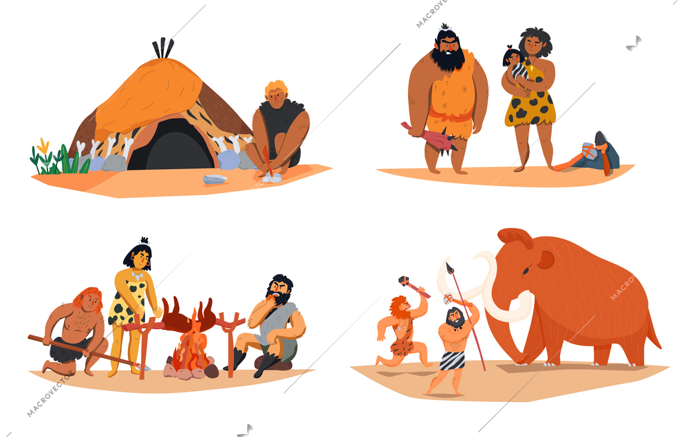 Cartoon set of 2x2 compositions with primitive men families hunting cooking isolated vector illustration