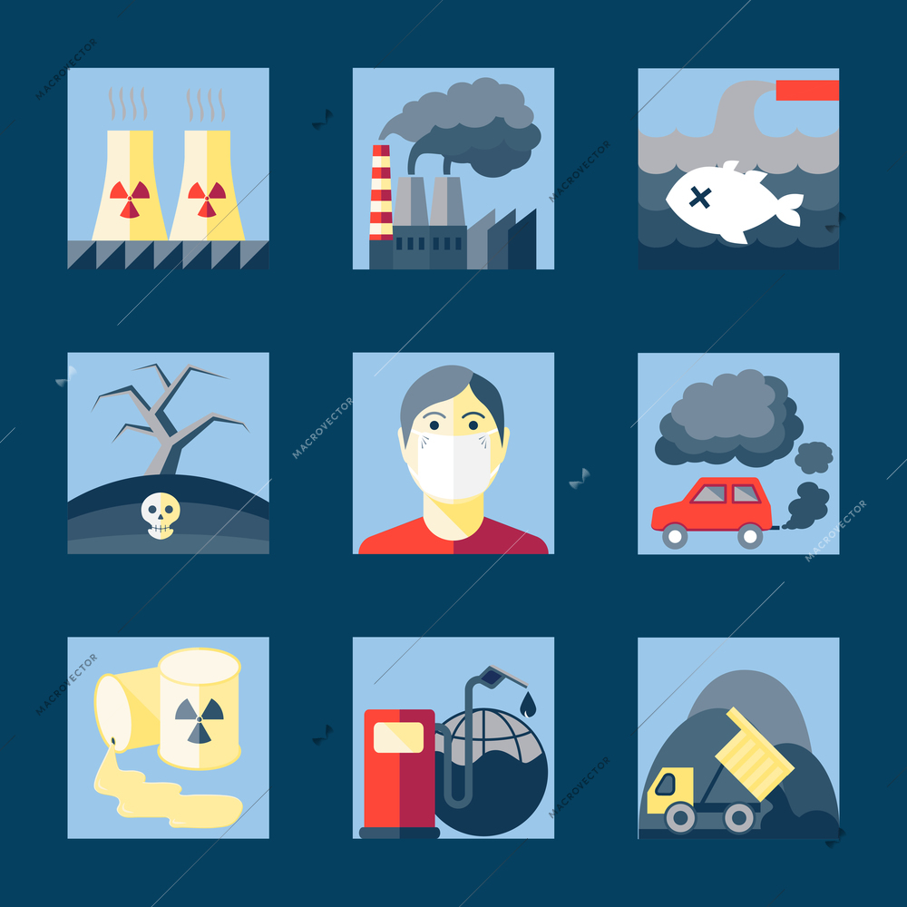 Set of pollution damage environment radioactive icons in flat style on squares vector illustration