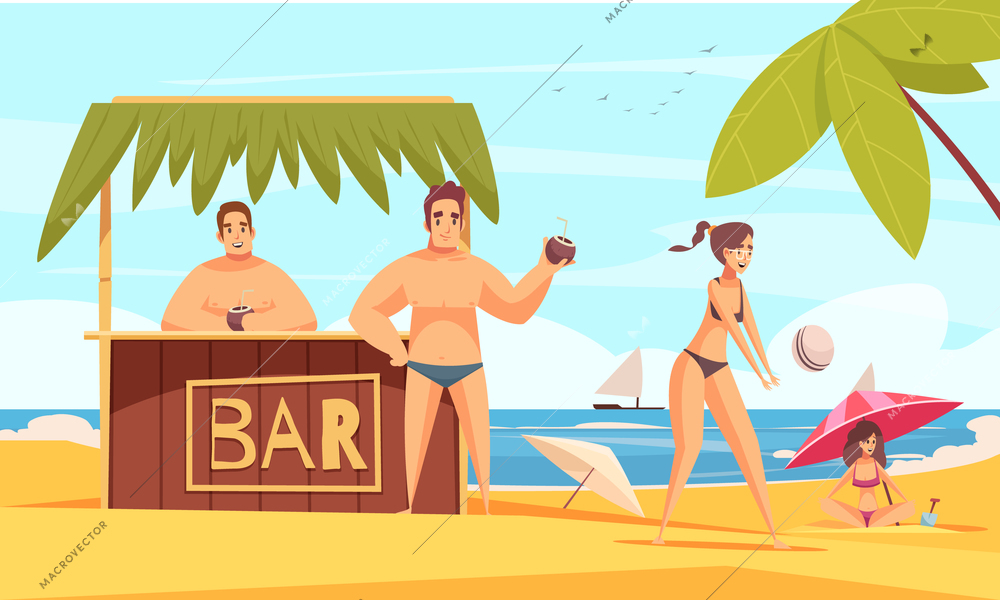 Beach bar composition with summer sea coast landscape and tent booth with cold drinks and people vector illustration