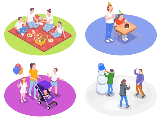 Family holidays set of isometric compositions with human characters of kids and adults in various situations vector illustration