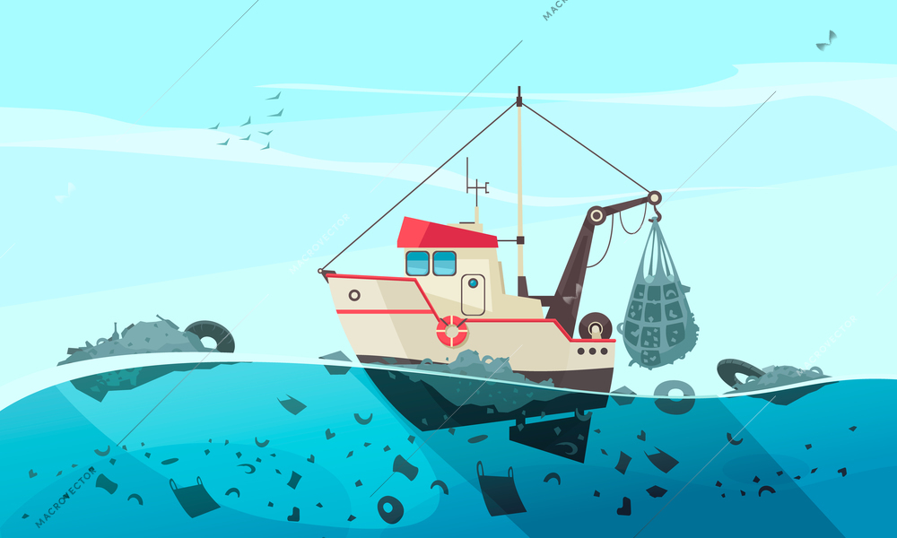 Nature water pollution composition with open sea scenery and flat image of cleaning ship collecting waste vector illustration