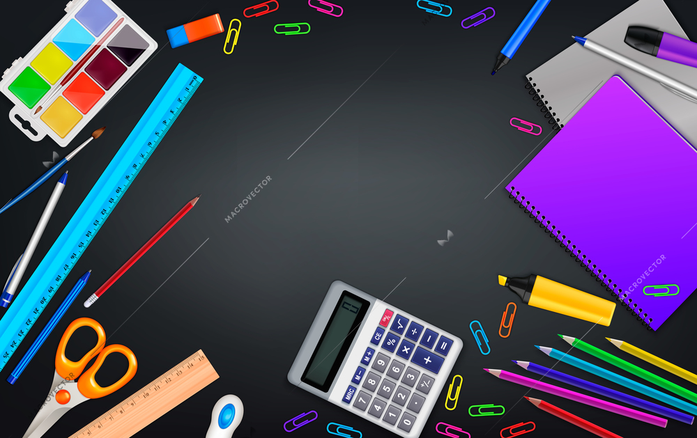 School stationery realistic composition with top view of table with empty space surrounded by office materials vector illustration