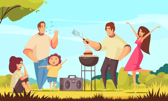 Bbq party composition with sunny weather outdoor landscape and group of kids and adult doodle characters vector illustration