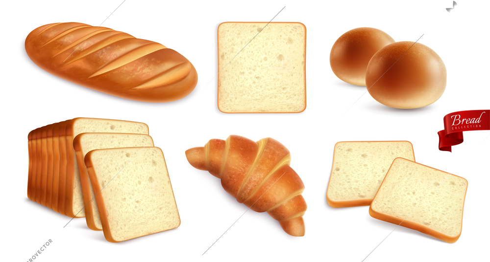 Set with isolated bread realistic images of wheat products with croissants and toast bread with ribbon vector illustration