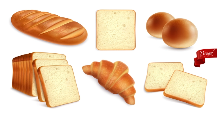 Set with isolated bread realistic images of wheat products with croissants and toast bread with ribbon vector illustration
