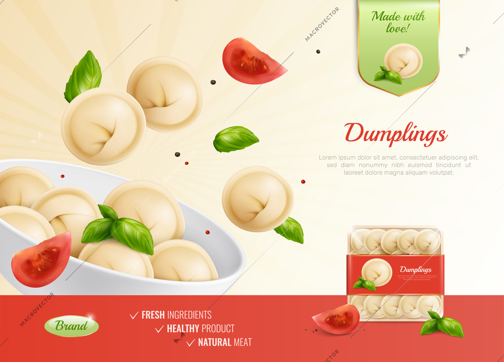 Dumplings ravioli manti advertising composition with realistic images dish tomatoes and pack shot with editable text vector illustration