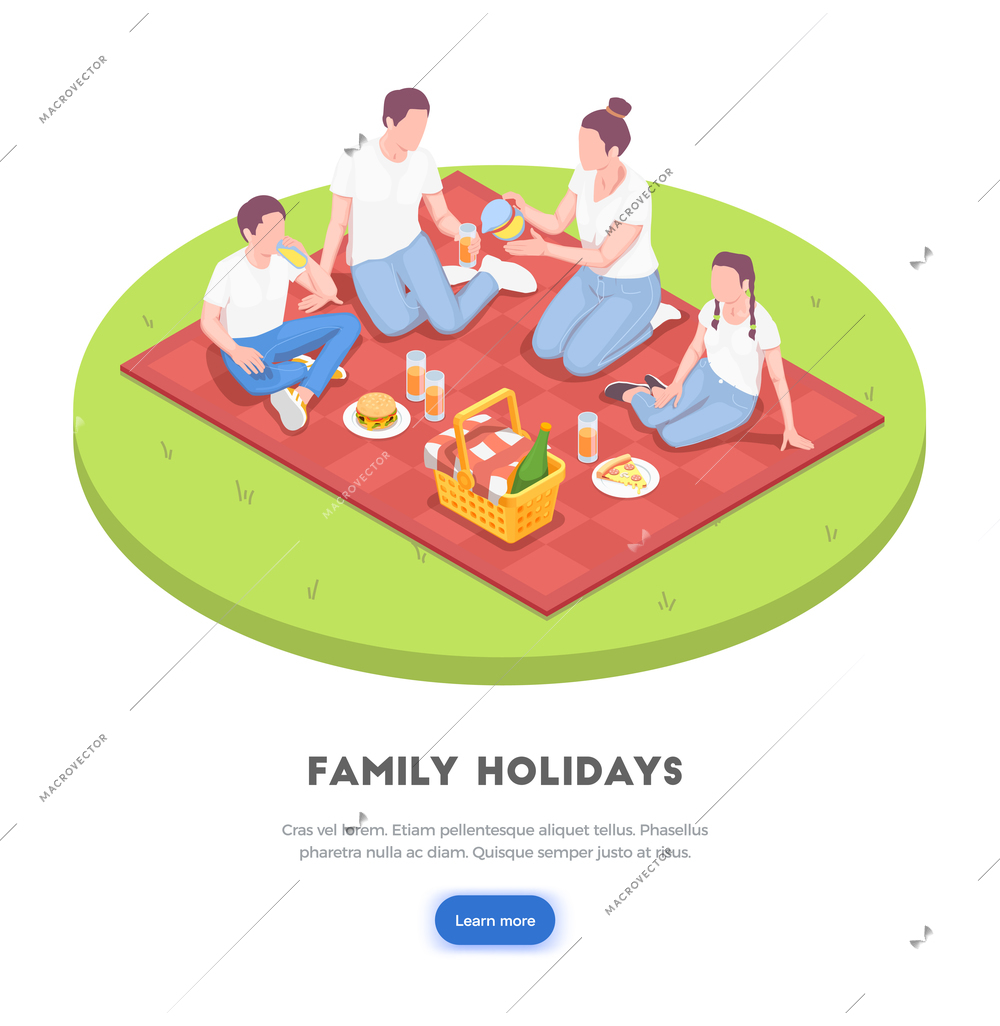 Family holidays isometric background concept with clickable learn more button text and round composition of images vector illustration