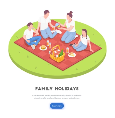 Family holidays isometric background concept with clickable learn more button text and round composition of images vector illustration