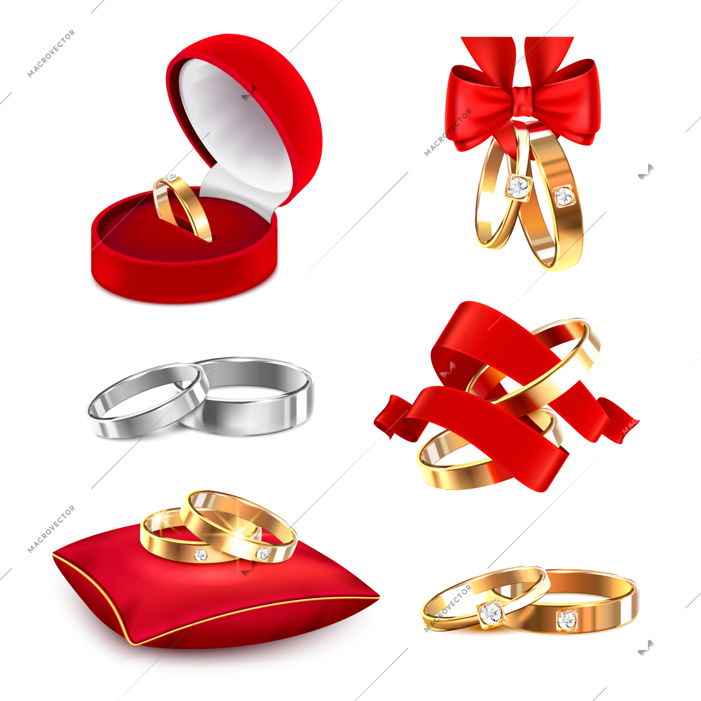 Wedding rings realistic big set with isolated images of alliance rings red ribbons boxes and pillows vector illustration