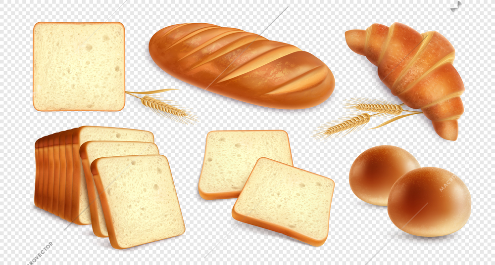 Bread realistic set on transparent background with images of bakery products and wheat stalks with shadows vector illustration