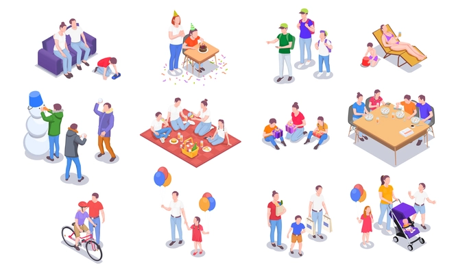 Set with family holidays isometric icons of people and leisure activities of family members  with shadows vector illustration